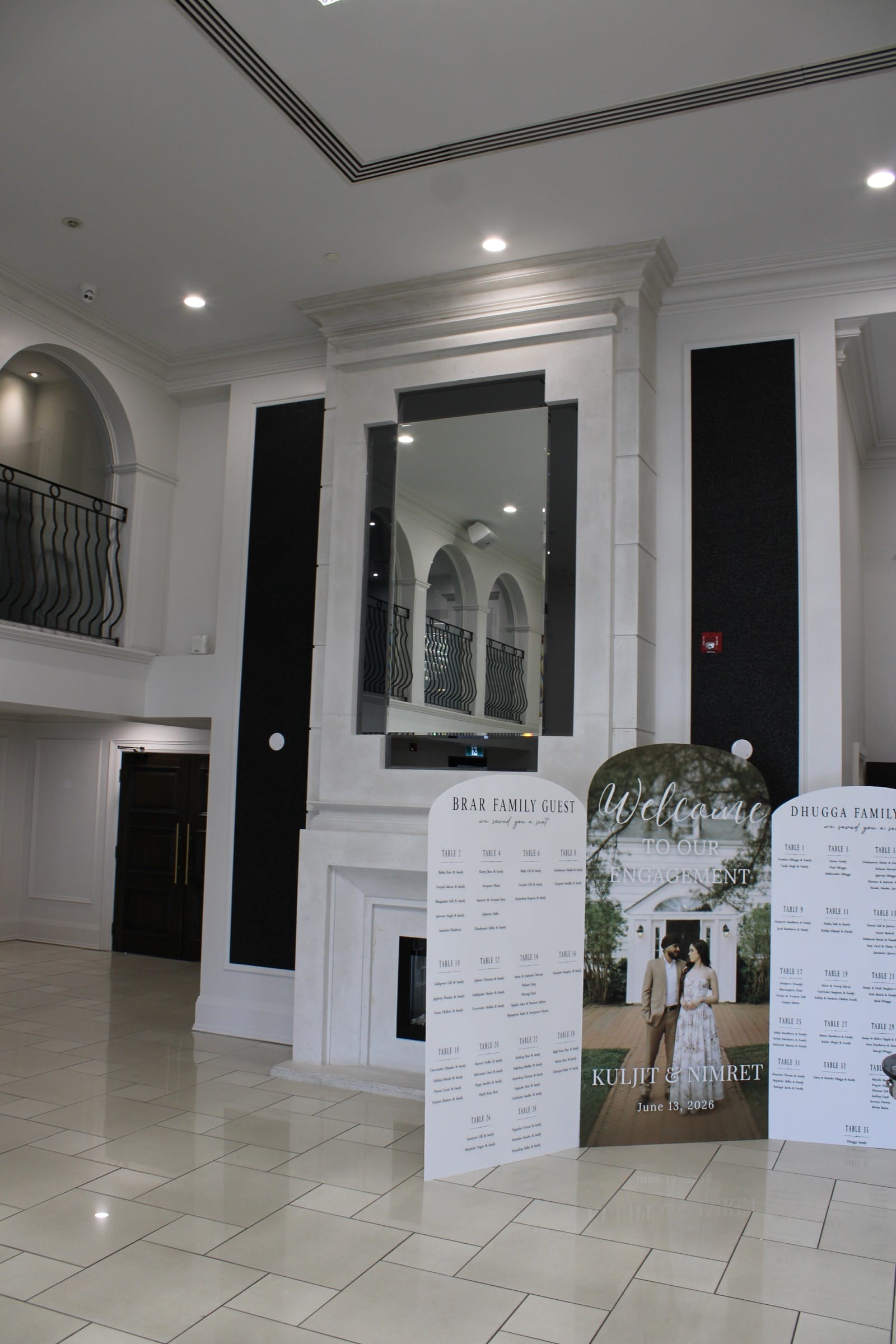 Front lobby fireplace and wedding display