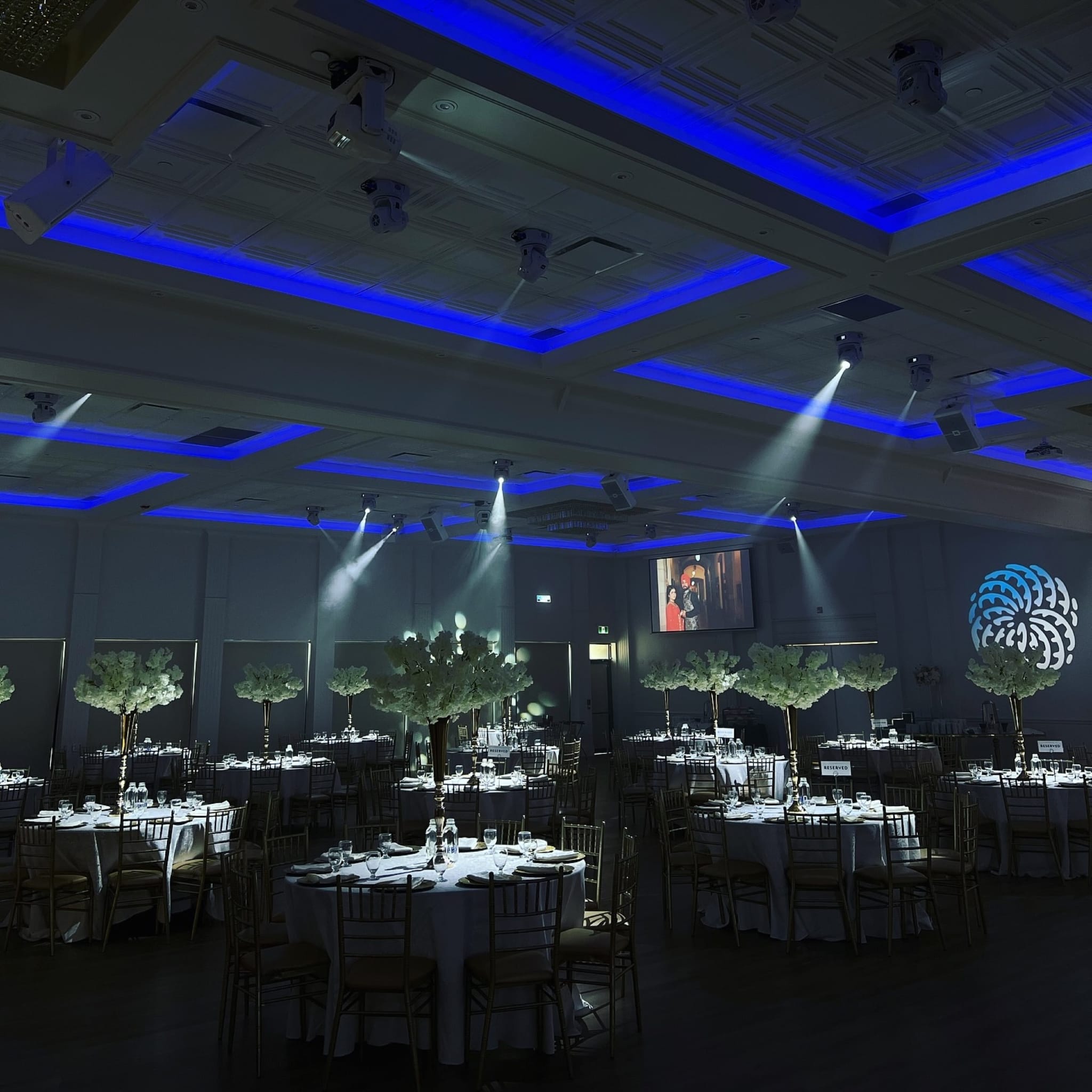 Hall A with tables, lighting, and AV
